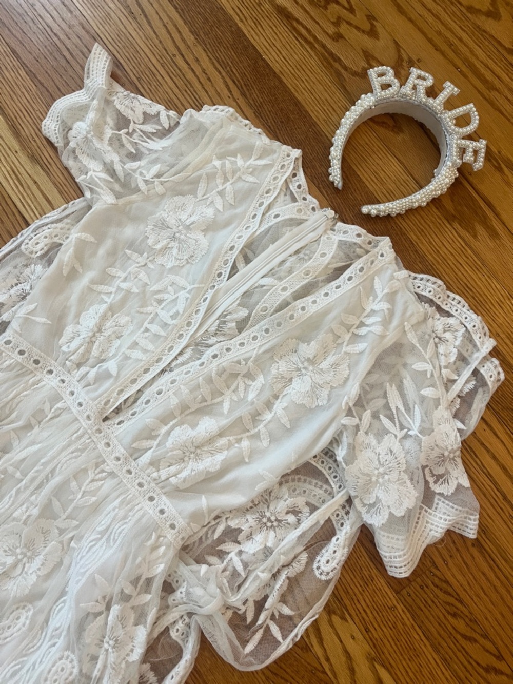 White Lace Sheer Maxi Dress Small Bridal Shower Boho Wedding + Bride Headband